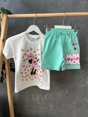 Kyex Kids Kız Çocuk Minnie Baskılı Çiçekli Şortlu Takım - Mint Yeşili 18 Ay - 6 Yaş
