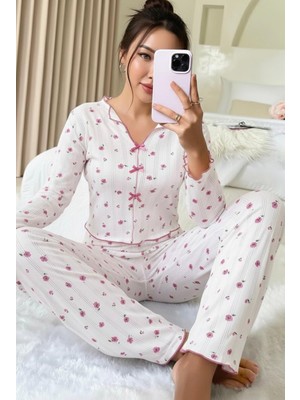 Siyah İnci Beyaz Çiçek Desenli Pamuklu Ajurlu Delikli Örme Pijama TAKIM7927-8