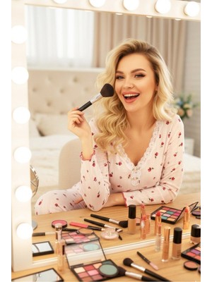 Siyah İnci Beyaz Pamuklu Delikli Dantelli Örme Pijama TAKIM7928-6
