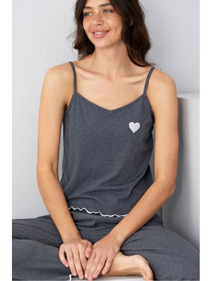 Siyah İnci Antrasit Kalp Nakışlı Ip Askılı Örme Pijama TAKIM7883