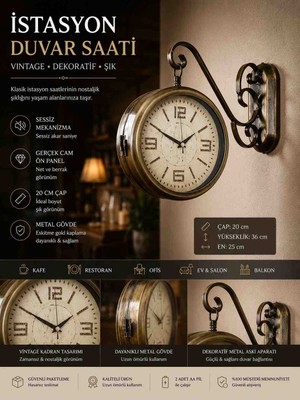 Kolay Ev Dekoratif Eskitme Istasyon Saati Çift Taraflı Vintage Metal Duvar Saati