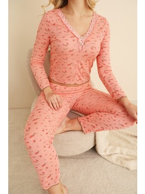 Siyah İnci Somon Çiçek Desenli Ajurlu Delikli Dantelli Örme Pijama TAKIM7928-8