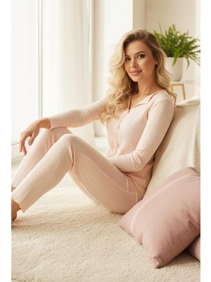 Siyah İnci Somon Pamuklu Fiyonk Detaylı Delikli Örme Pijama TAKIM7927-2