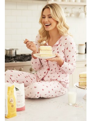 Siyah İnci Pembe Çiçek Desenli Pamuklu Ajurlu Delikli Örme Pijama TAKIM7927-10