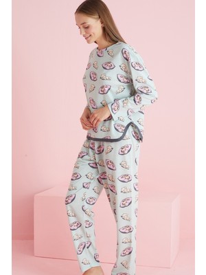 Siyah İnci Yeşil Pembe Yastık Desenli Biyeli Örme Pijama Takım 7777