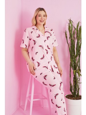 Siyah İnci Pembe Ayakkabı Desenli Örme Curve Büyük Beden Battal Boy Düğmeli Pijama Takımı
