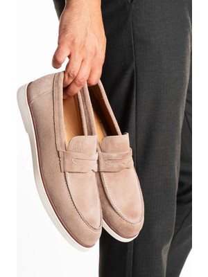 Fame Step Hakiki Deri Erkek Loafer Ayakkabı Bej Süet Günlük Rahat Casual Mokasen Siena