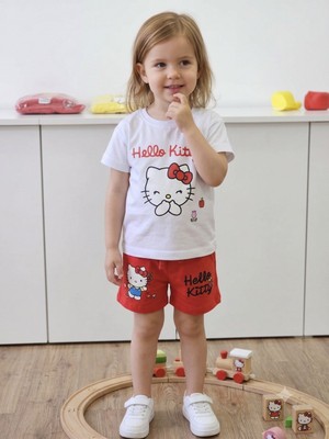 Kyex Kids Kız Çocuk Kitty Baskılı Şortlu Takım - Kırmızı Beyaz 18 Ay - 6 Yaş