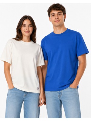 Onymino 2’li Unisex Basic T-Shirt Seti %100 Pamuk Süprem Penye Ribana Yaka Rahat Kalıp Ekru - Saks Mavi