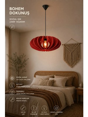 Modern (Premium) Ahşap Bohem Sarkıt Avizesi 48 cm Salon Yatak Oturma Odası Modelleri E27 Duy Kiraz