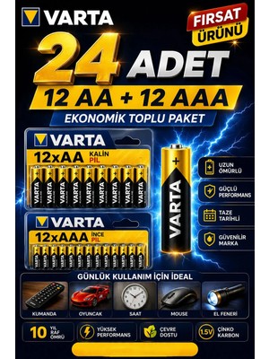 Anı Ofis Kırtasiye Aa + Aaa Pil 24'lı Set (12 Aa + 12 Aaa) 1.5V – Ekonomik Toplu Paket – Çinko Karbon