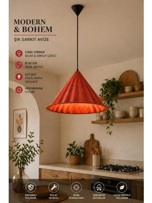 Modern (Premium) Bohem Kırmızı Sarkıt Avizesi 50 cm Mutfak Salon Oturma Odası Şık Modelleri E27 Duy