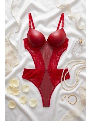 Lavishh Transparan Dantelli Modern Kırmızı Bodysuit