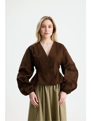 Minaaise Poplin Bluz Kahverengi