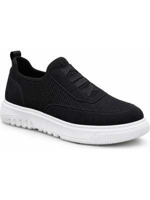 Beskar Özel Örme Triko Erkek Spor Ayakkabı - Deri Tozu Detaylı Esnek Siyah Günlük Sneaker BA0911