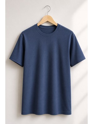 Parkur Erkek Likralı Kaşkorse Relaxed Fit Basic Tişört – Indigo