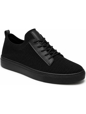 Beskar Tam Siyah Triko Erkek Spor Ayakkabı - Boy Uzatan Yüksek Taban Bağcıklı Günlük Sneaker KB-110