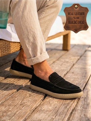 Beskar BA0251 %100 Içi Dışı Hakiki Deri Erkek Siyah Süet Casual Loafer Kauçuk Rahat Taban Dikişli Ayak