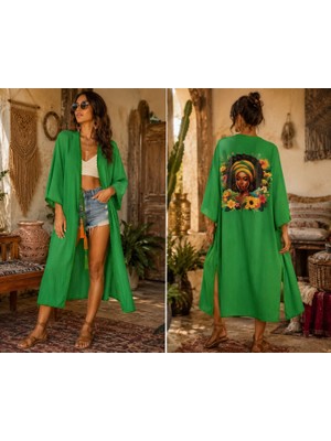 Tosbik Otantik Kişiye Özel Tasarım Yeşil Afro Baskılı Otantik / Bohem Kap Kimono