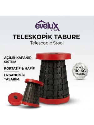 Evelux Teleskopik Katlanabilir Tabure - 110 kg Kapasiteli Taşınabilir Kamp, Ev ve Balkon Sandalyesi (Kırmızı-Siyah)