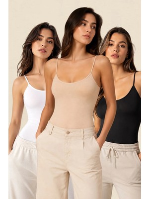 Fevien 3'lü Paket Kadın Ince Askılı Pamuklu Çıtçıtlı Body Seti Esnek Likralı Basic Zıbın Atlet Günlük Rahat Iç Giyim