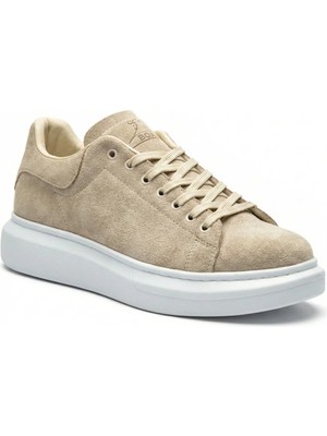 Beskar Krem Boa Desenli Süet Deri Erkek Sneaker - Kaymaz Beyaz Tabanlı Spor Ayakkabı BA0547