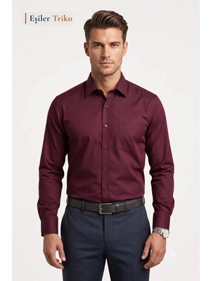 Eşiler Triko Erkek Bordo Mikrosaten Klasik Uzun Kollu Cepli Regular Fit Gömlek