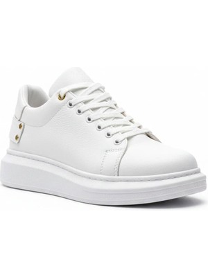 Beskar Beyaz Cilt Deri Kalın Tabanlı Gold Detaylı Erkek Sneaker - Nefes Alan Spor Ayakkabı KB047
