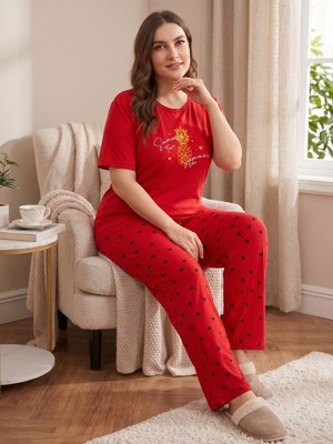 Sleeproom Büyük Beden Yazlık Kalp Desen Ananas Desen Kırmızı Penye Pijama Takım