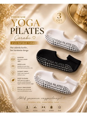 Çorap Vitrini Premium 3'lü Paket Siyah & Beyaz Yoga Pilates Çorabı Seti - Kaymaz Taban Reformer ve Ev Patik Çorabı