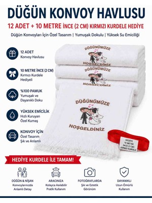 Öztürk Konsept Düğün Konvoy Havlusu Gelin Damat Yazılı 12 Adet – 2 cm x 10 Metre Kırmızı Kurdele Hediyeli – Araç Konvoy Süsü, Nikah ve Düğün Organizasyonu Nikah ,Kına ,Düğün Konvoy Havlusu