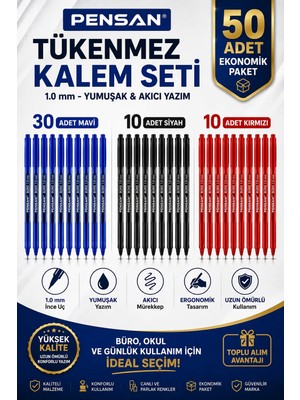Anı Ofis Kırtasiye Tükenmez Kalem Seti 50 Adet – 30 Mavi, 10 Siyah, 10 Kırmızı | 1.0 mm | Büro Serisi