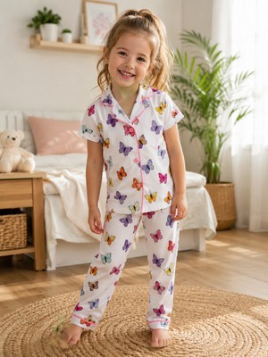 Balgüneş Tekstil Kız Çocuk Renkli Kelebek Desenli Düğmeli Kısa Kollu Yazlık Pijama Takımı