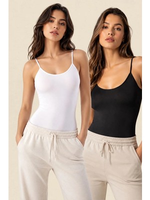 Fevien 2'li Paket Kadın Ince Askılı Pamuklu Çıtçıtlı Body Seti Esnek Likralı Basic Zıbın Atlet Günlük Rahat Iç Giyim