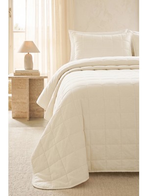 Ocean Home Textile %100 Pamuk Kumaş Kapitoneli Ekru Çok Amaçlı Çift Kişilik Yatak Örtüsü Seti 1 Adet 250 x 230 / 2 Adet 50 x 70 cm