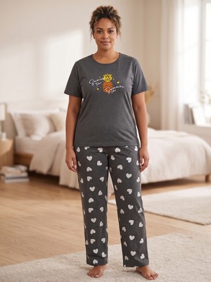 Sleeproom Büyük Beden Yazlık Kalp Desen Ananas Desen Gri Penye Pijama Takım