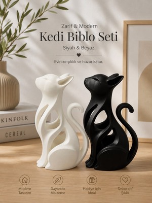 Sylva Concept Modern Kedi Biblo Seti 2'li | Siyah & Beyaz Minimal Dekor | 15 cm
