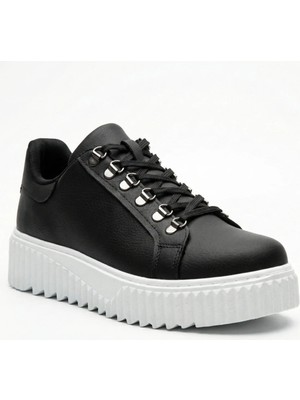 Beskar Siyah Çengel Detaylı Suni Deri Unisex Sneaker - Konforlu Yürüyüş Günlük Spor Ayakkabı BA0505