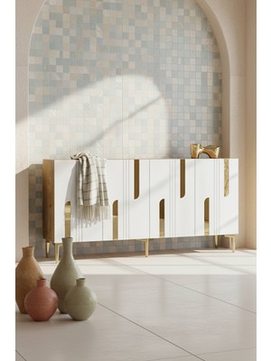 Yumedi Design KA1531DBG - Ilhaniye Konsol, Tv Sehpası, Çok Amaçlı Dolap ve Kahve Köşesi 150CM Safirmeşe-Beyaz-Gold