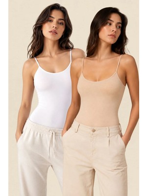 Fevien 2'li Paket Kadın Ince Askılı Pamuklu Çıtçıtlı Body Seti Esnek Likralı Basic Zıbın Atlet Günlük Rahat Iç Giyim