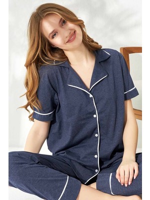 Siyah İnci Kadın Kırmızı Kısa Kollu Pamuklu Düğmeli Biyeli Pijama Takım