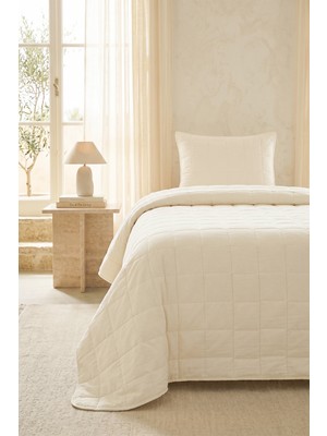 Ocean Home Textile %100 Pamuk Kumaş Kapitoneli Ekru Çok Amaçlı Tek Kişilik Yatak Örtüsü Seti 1 Adet 180 x 230 / 1 Adet 50 x 70 cm