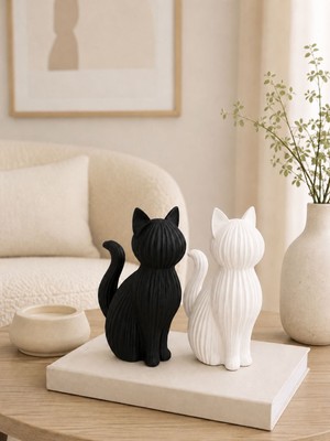 Sylva Concept Siyah & Beyaz Dekoratif Kedi Biblo Seti | Modern Minimalist Ev Dekoru 2'li Takım