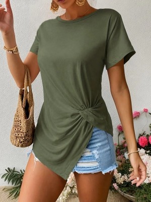 Lune Store Kadın Kısa Kollu Bisiklet Yaka Asimetrik Kesim Detaylı Viskon Bluz
