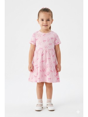 Tayo Baby Pamuklu Kız Çocuk Elbise Pembe Deniz Kabuğu ve Fiyonk Desenli