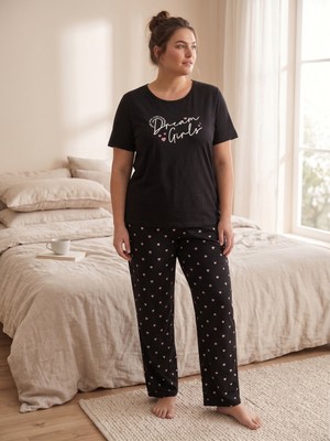 Sleeproom Büyük Beden Yazlık Kalp Desen Siyah Dream Desen Penye Pijama Takım