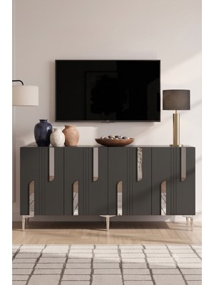 Yumedi Design KA1831AS - Ilhaniye Konsol, Tv Sehpası, Çok Amaçlı Dolap ve Kahve Köşesi 180CM Antrasit-Silver