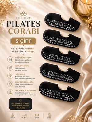 Çorap Vitrini Premium 5'li Paket Siyah Pilates Çorabı Seti - Beyaz Yazılı Kaydırmaz Taban Reformer ve Yoga Spor Çorabı