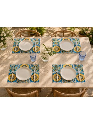 Dijital Baskılı 4 Adet Mozaik Desenli Ayçiçeği Amerikan Servis 35X45 cm Dekoratif Servis Altlığı