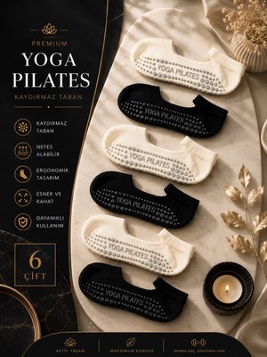 Çorap Vitrini Premium 6'lı Paket Siyah & Krem Yoga Pilates Çorabı Seti - Yazılı Özel Kaydırmaz Taban Reformer Spor Patiği